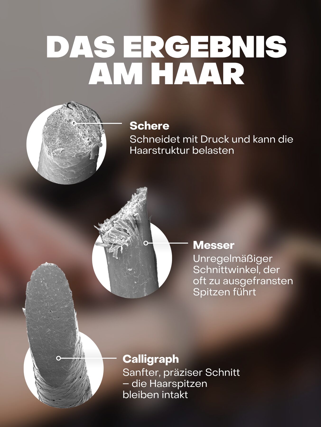 Rasterelektronenmikroskop-Aufnahme: Vergleich der Haarspitzen nach Schnitt mit Schere, Messer und Calligraph®.